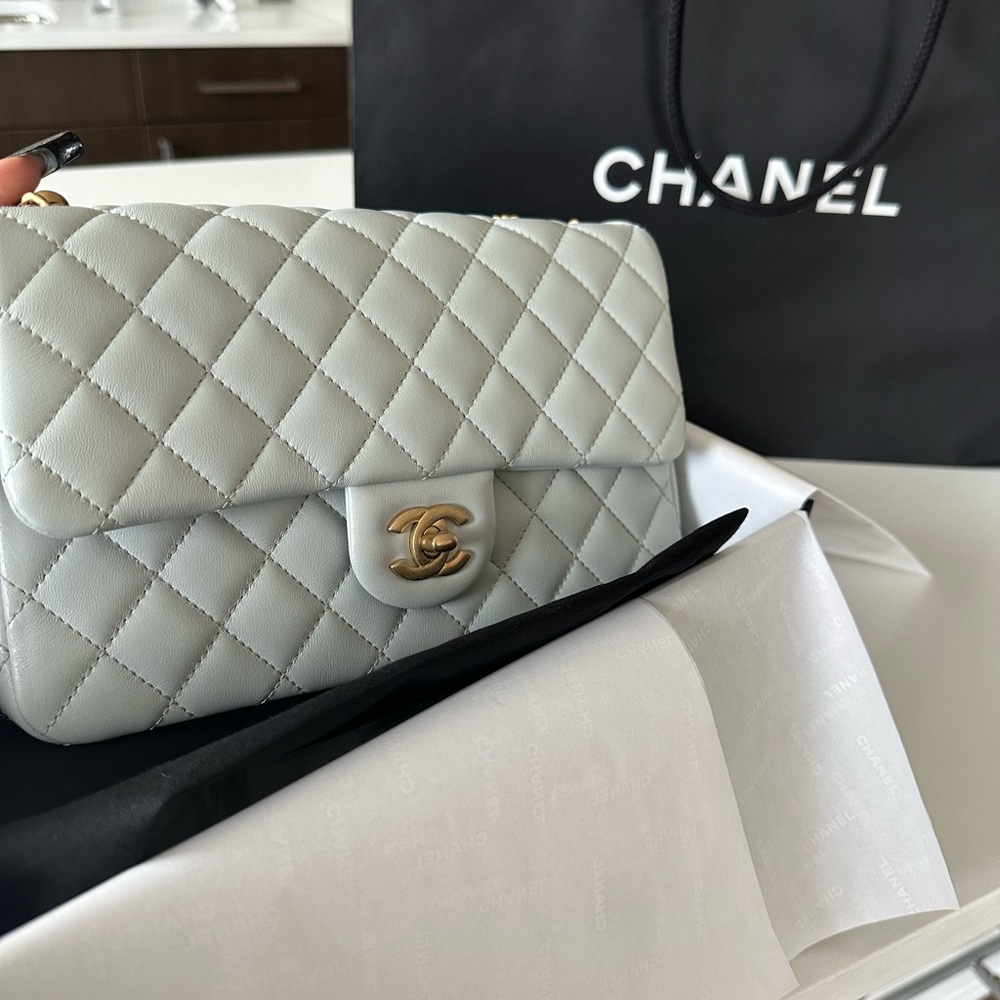 CHANEL Flap Gold Hardware Crossbody Small light blue lambskin CAMELIA